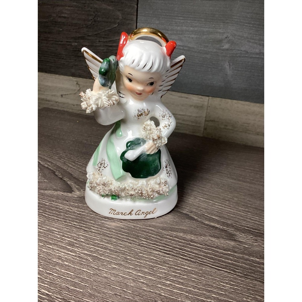 Vtg NAPCO March Birthday Month Angel Shamrocks Spaghetti Trim 4" Japan A1363